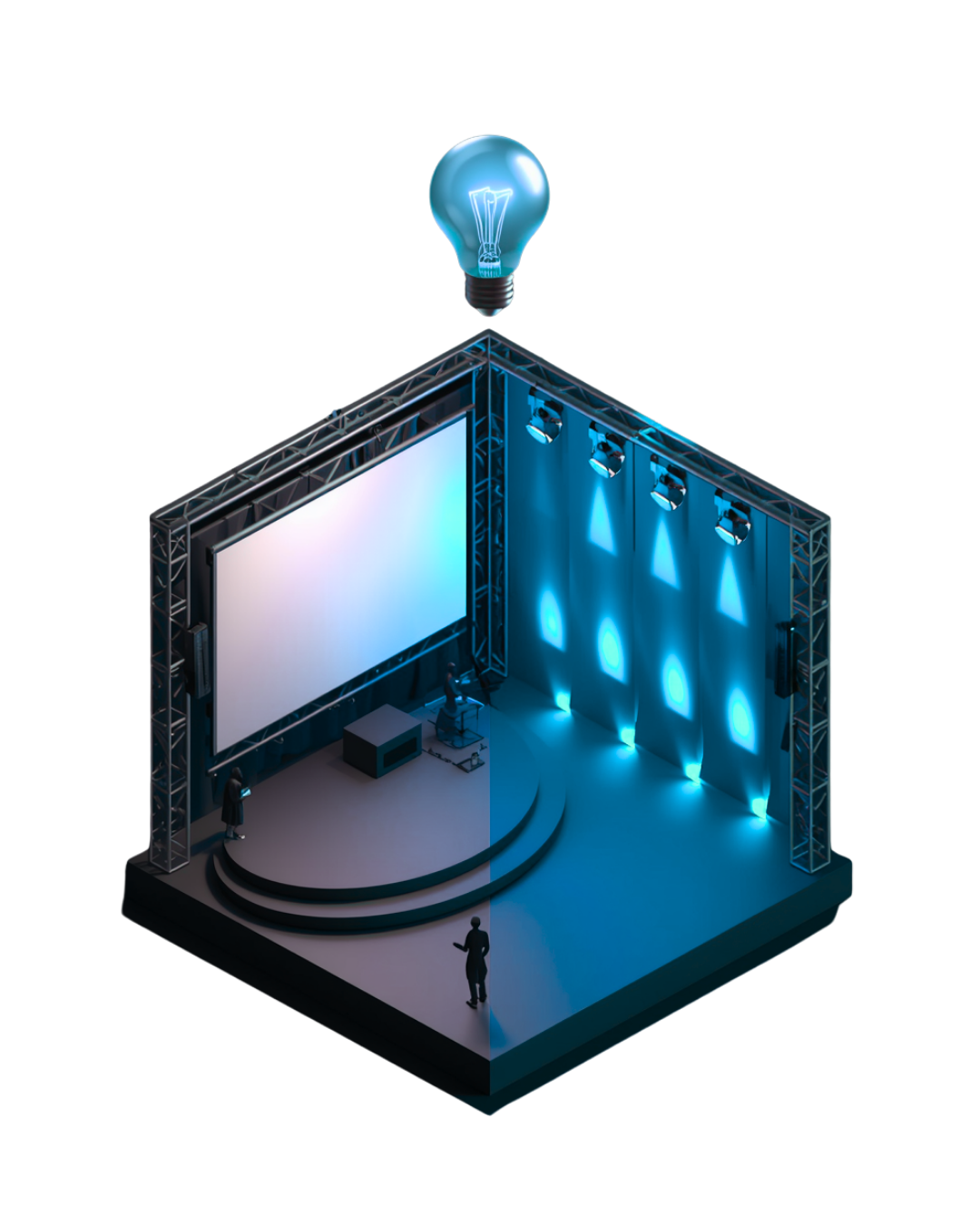 Palco profissional com iluminação e equipamentos montados por equipe técnica - Levium Eventos