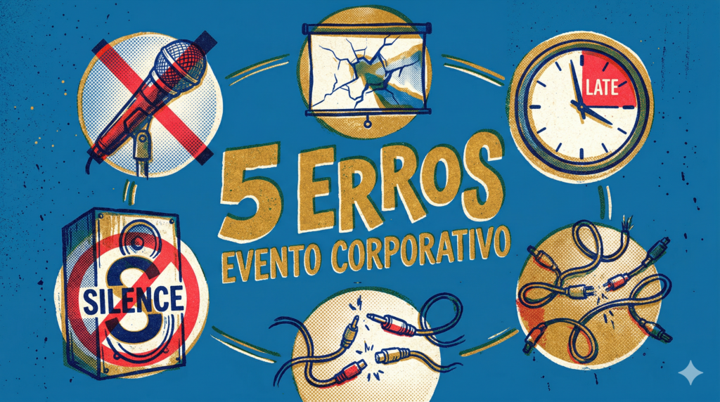 5 erros que destroem seu evento corporativo - ilustração risografia com ícones de microfone, tela, relógio, caixa de som e cabos - Levium Eventos