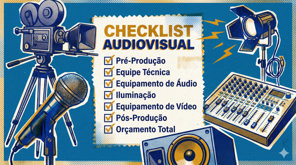 Checklist de orçamento audiovisual para evento corporativo com itens como pré-produção, equipe técnica, áudio, iluminação e vídeo - Levium Eventos