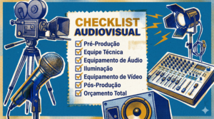 Checklist de orçamento audiovisual para evento corporativo com itens como pré-produção, equipe técnica, áudio, iluminação e vídeo - Levium Eventos