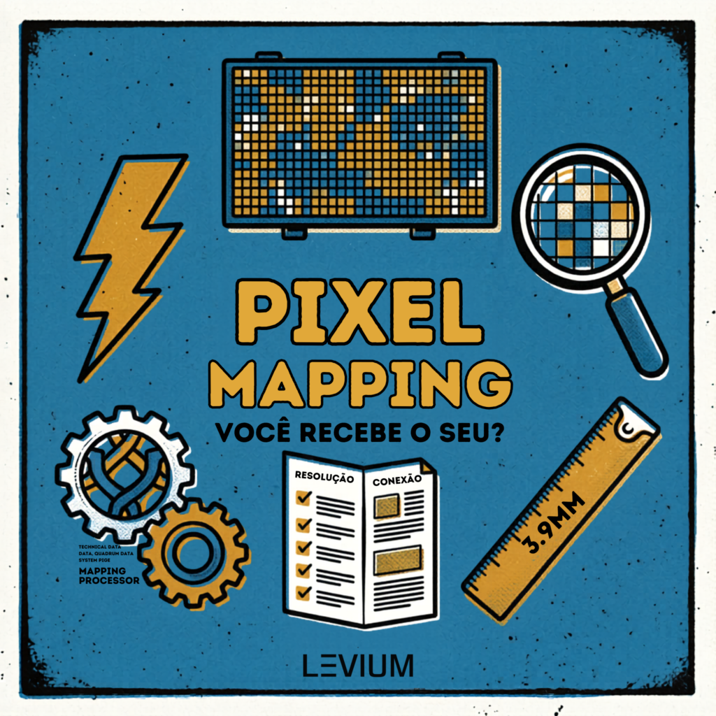 Pixel mapping de painel de LED para evento corporativo — ilustração risografia mostrando grid de pixels, lupa, processadora de vídeo e documento técnico com resolução e conexão — Levium Eventos