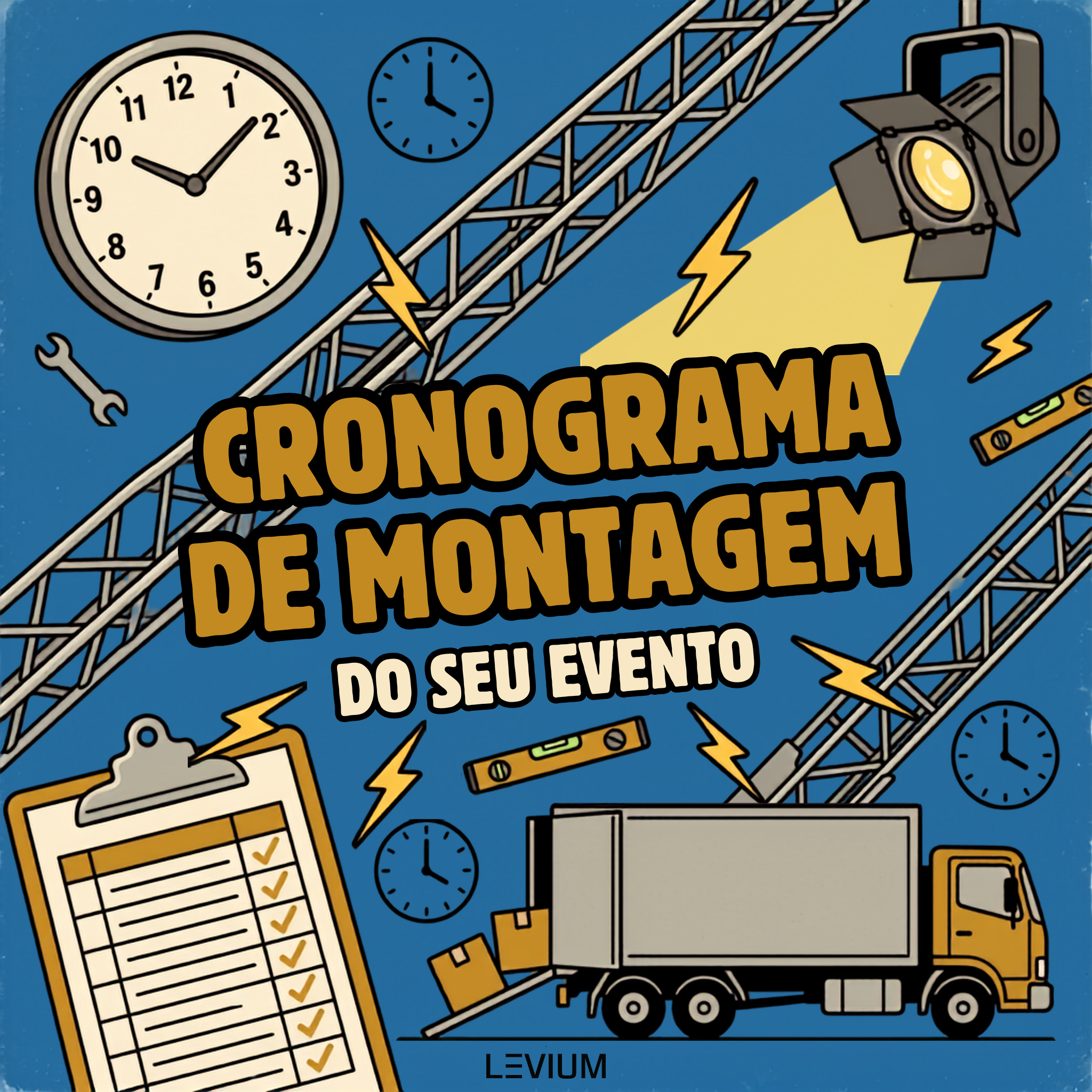 Ilustração vintage azul e dourada do cronograma de montagem de evento corporativo, com relógio retrô, treliça, refletor, prancheta de checklist e caminhão de carga — assinatura Levium Eventos
