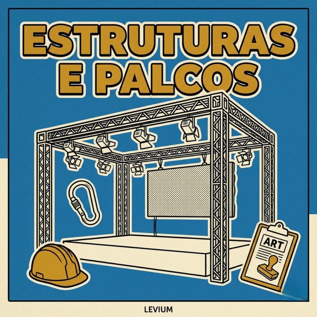 Ilustração flat vintage com fundo azul e título dourado 'Estruturas e Palcos' mostrando treliça box truss, refletores, telão, capacete de obra e prancheta com selo ART — estruturas para eventos corporativos, assinatura Levium Eventos