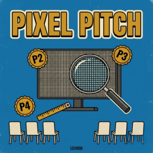 Ilustração vintage em fundo azul com título Pixel Pitch em dourado, painel de LED com lupa revelando a grade de pixels, selos P2, P3 e P4, trena e cadeiras de plateia — assinatura Levium Eventos