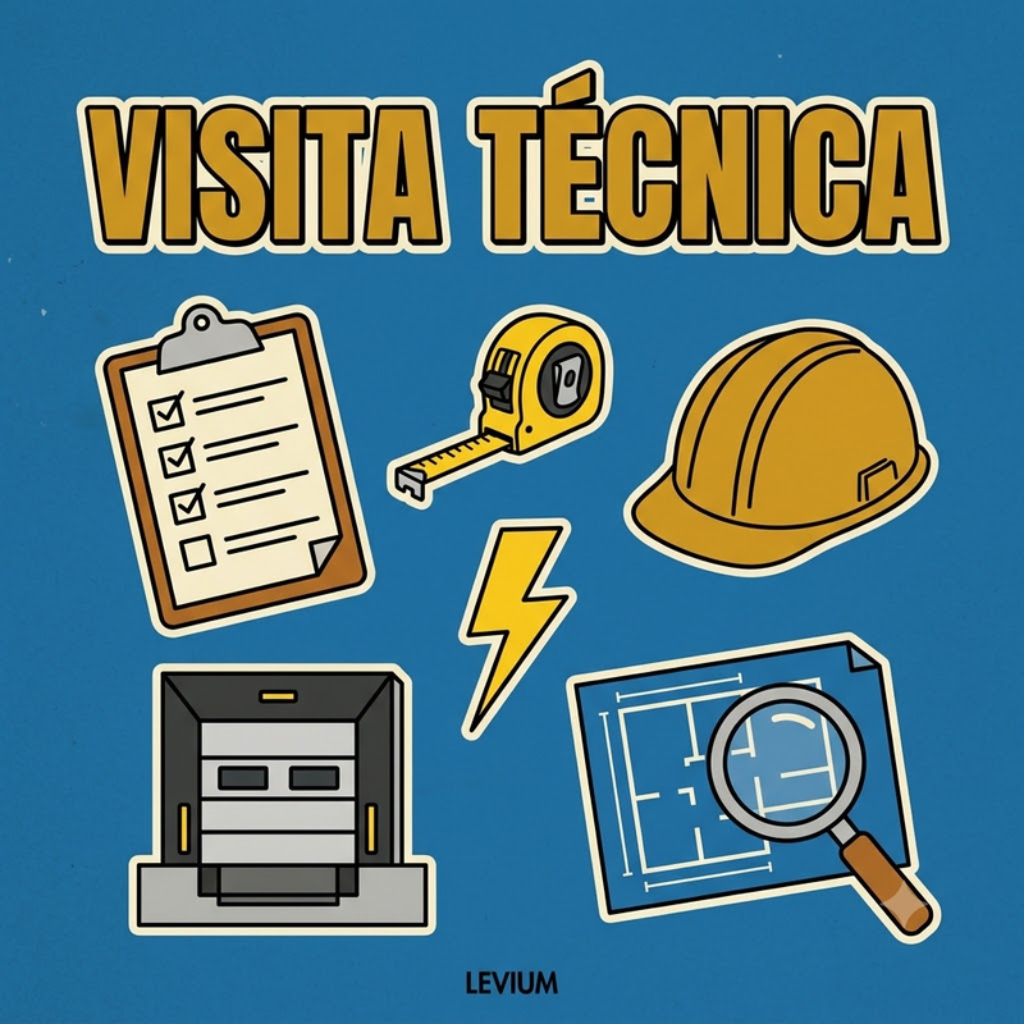 Ilustração vintage sobre visita técnica para eventos corporativos: prancheta com checklist, trena, capacete, raio de energia, doca de carga e lupa sobre planta baixa em fundo azul — assinatura Levium Eventos